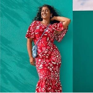 Women's Zinnia Floral Print Bell Sleeve Midi Dress - RHODE Red/Pink - Size 18